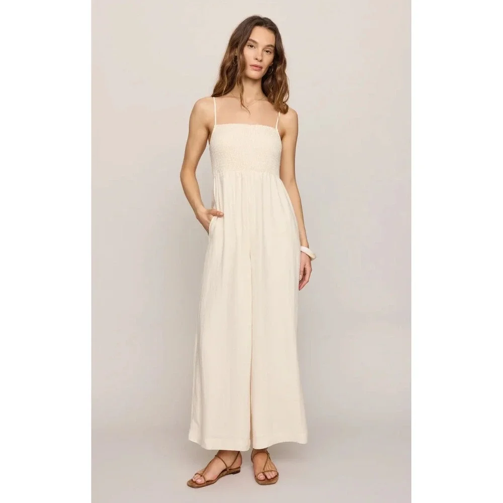Z Supply Beachside Tube top Wide Leg Flowy Jumpsuit  Smoked White Women's S NWT